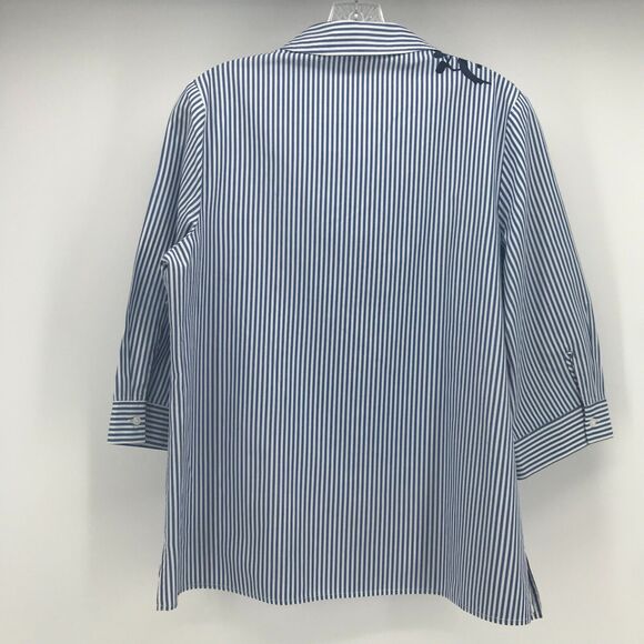 Chicos Shirt Womens Medium Blue White Stripe Button Down Floral Embroidery - Picture 4 of 10